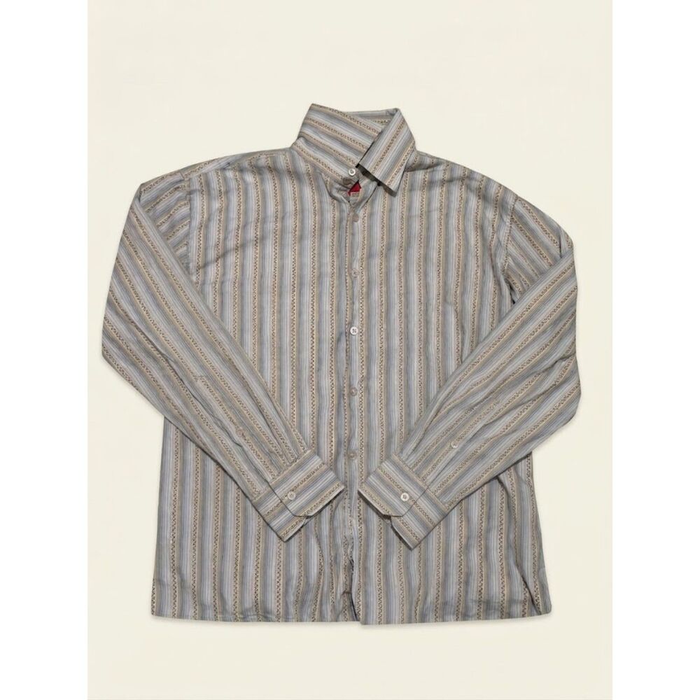 Emanuel Ungaro Striped Button Down Shirt Mens L Blue Tan Long Sleeve Designer